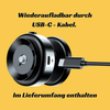 Schwarze kabellose Ohrhörer zum Aufladen mit USB-C-Kabel.